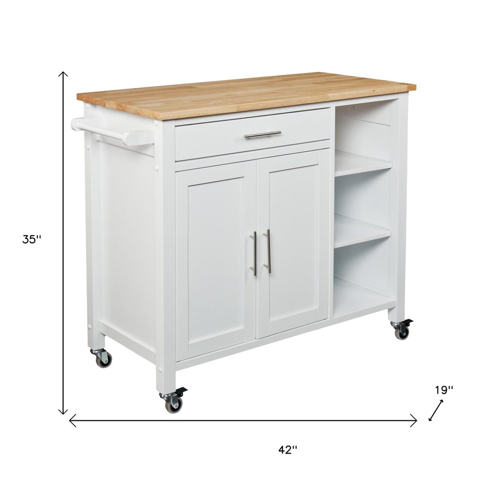 Natural and White Butcher Block and Iron Rolling Kitchen Cart with Storage