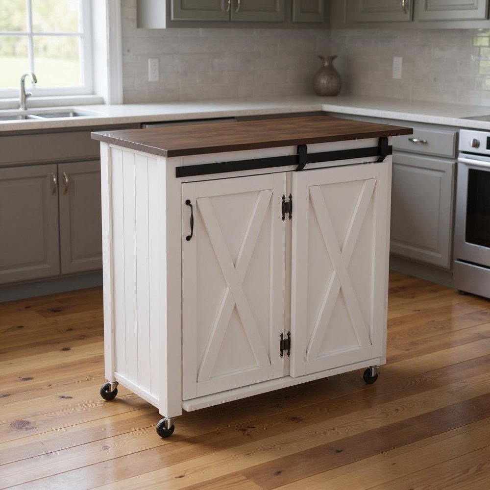 Dark Brown and White Wood Rolling Kitchen Cart - 35-inch