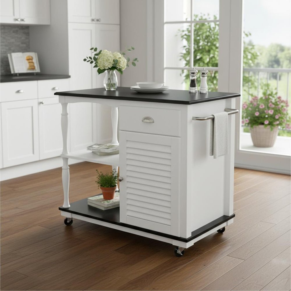 Black and White and Black 39 Rolling Kitchen Island with Storage
