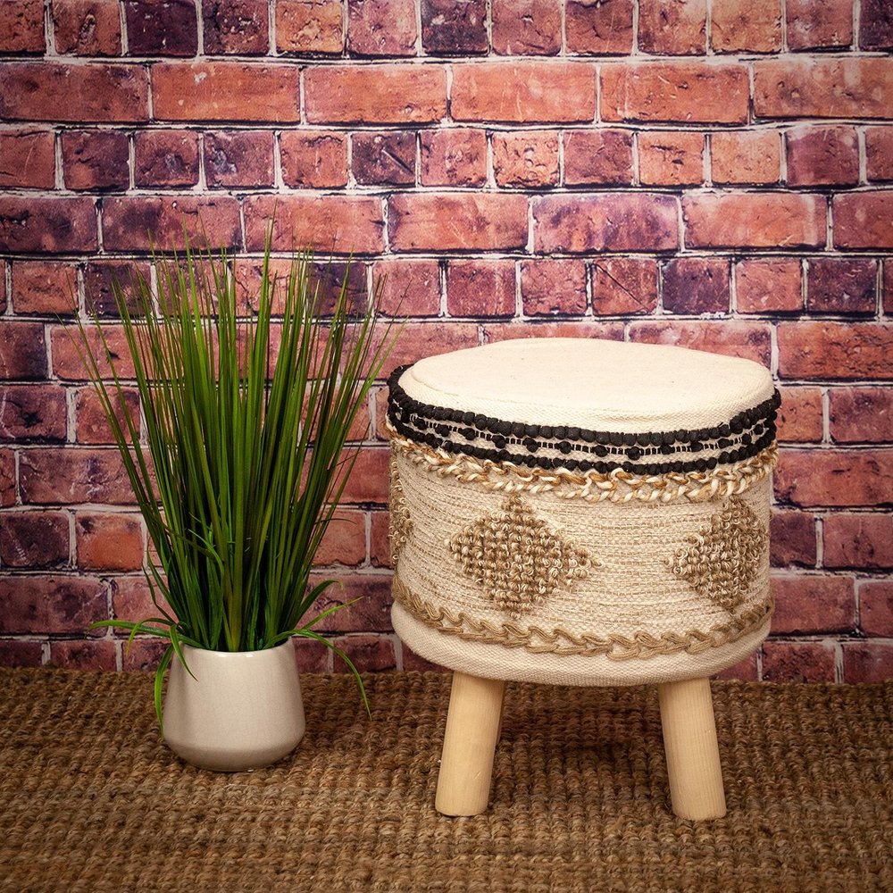 Beige and Brown Cotton Abstract Round Footstool - 18-inch