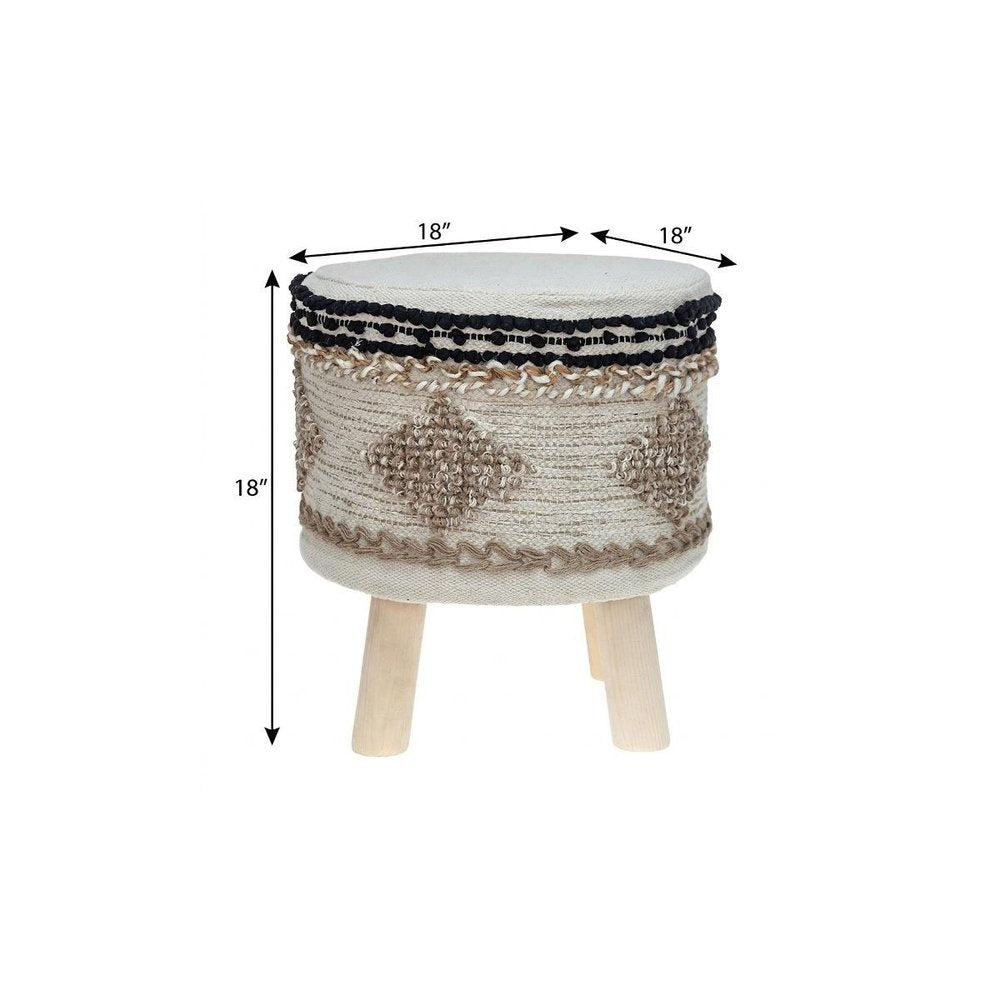 Beige and Brown Cotton Abstract Round Footstool - 18-inch