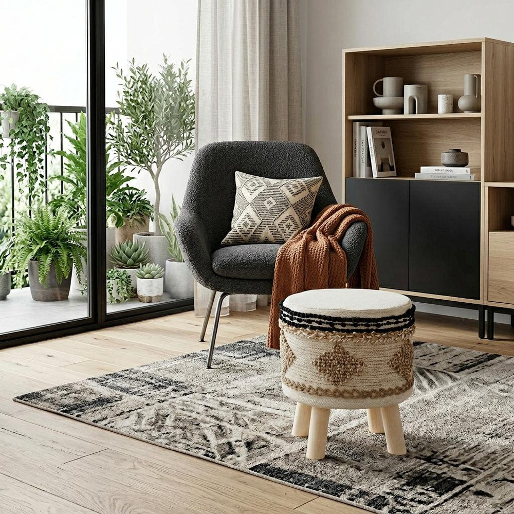 Beige and Brown Cotton Abstract Round Footstool - 18-inch