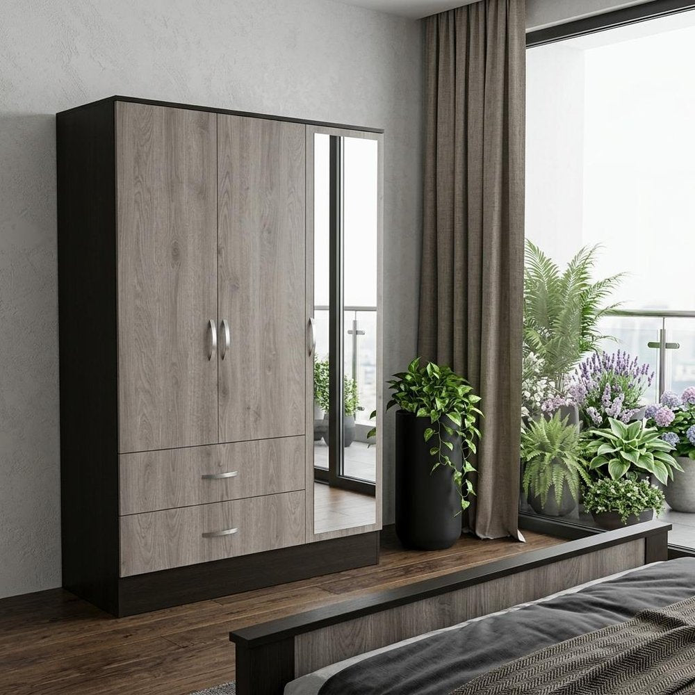Brown and Black Wood Mirrored Three Door Two Drawer Combo Dresser - 71-inch