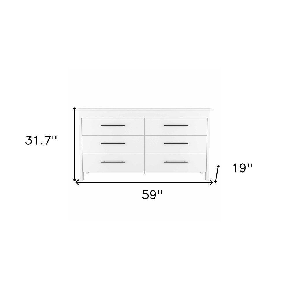 White Wood Six Drawer Double Dresser - 59-inch