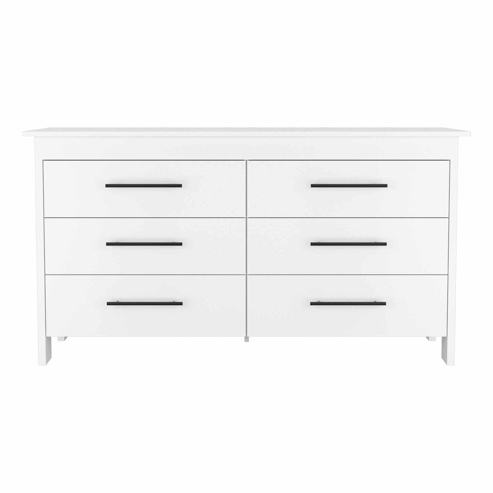 White Wood Six Drawer Double Dresser - 59-inch