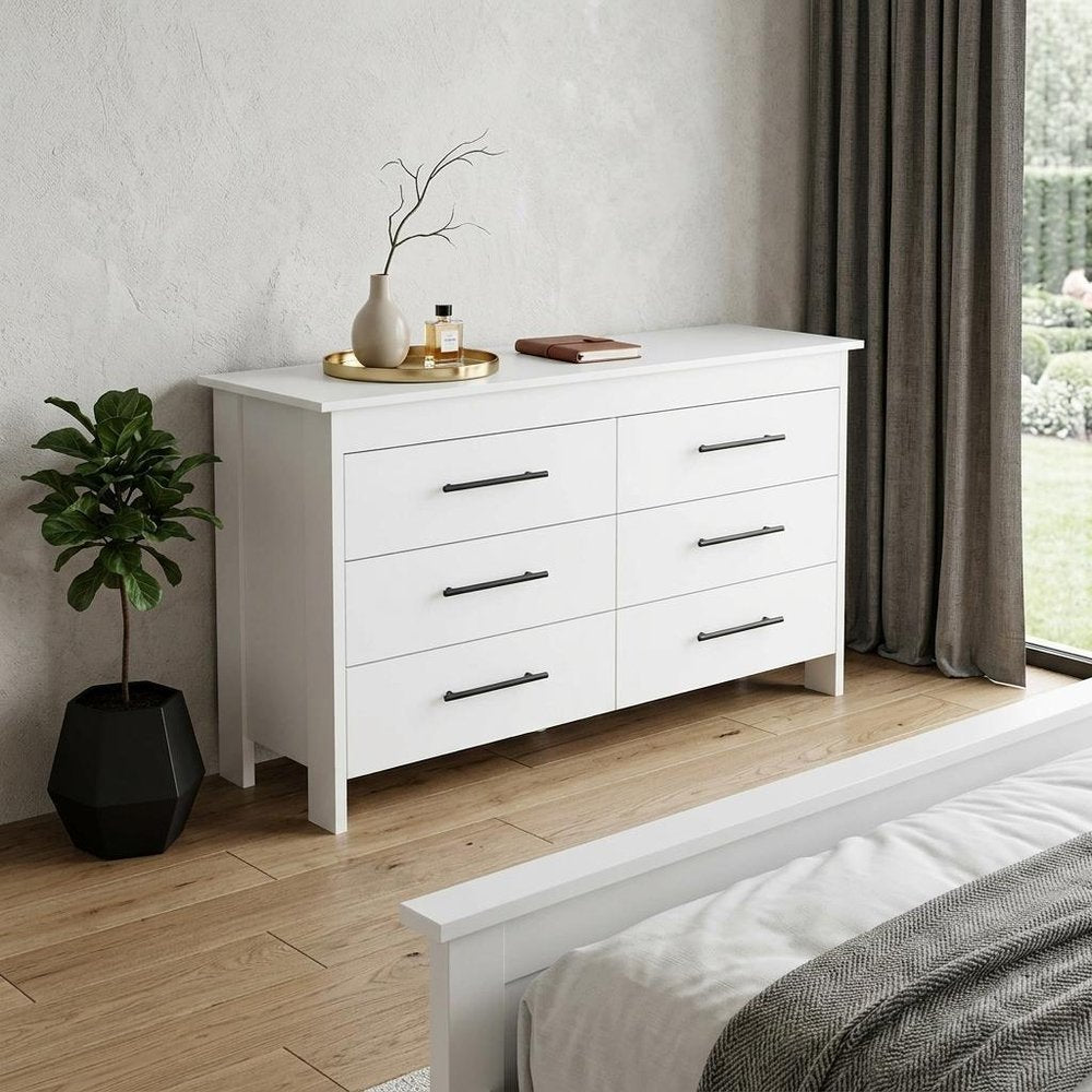 White Wood Six Drawer Double Dresser - 59-inch