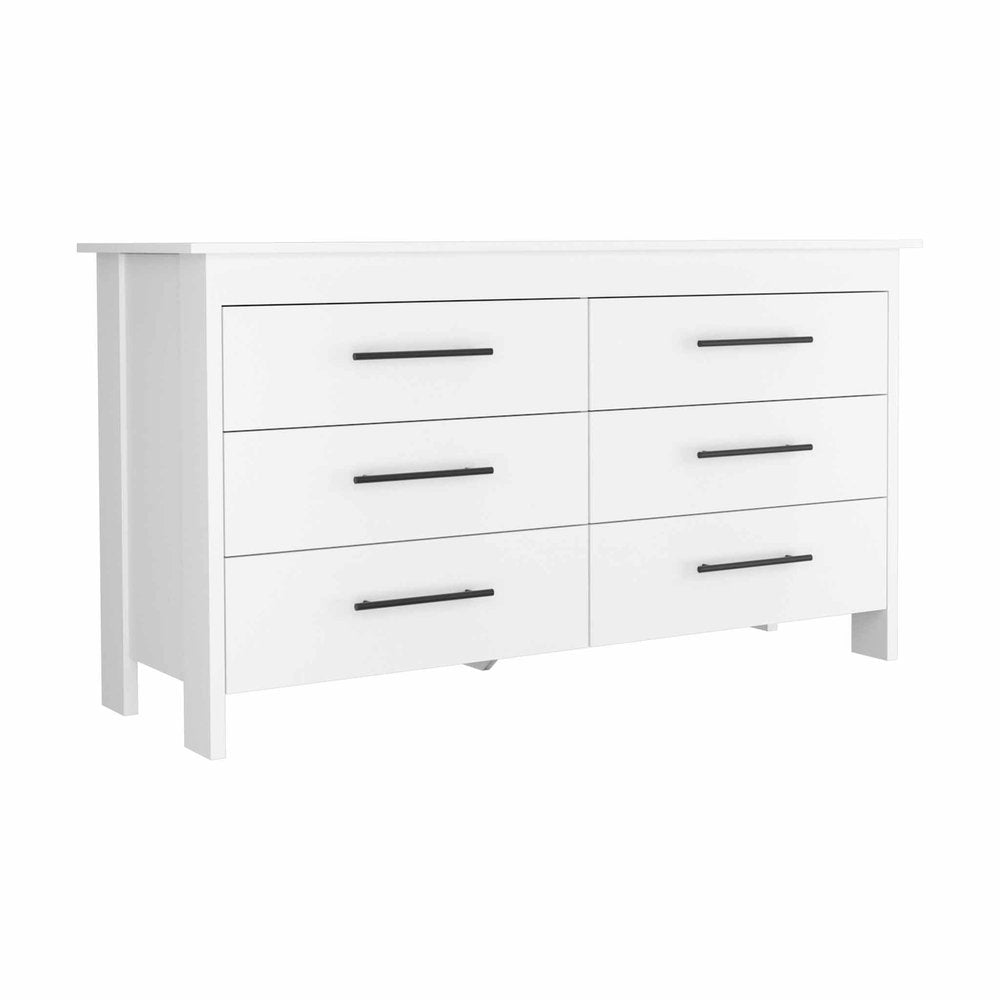White Wood Six Drawer Double Dresser - 59-inch