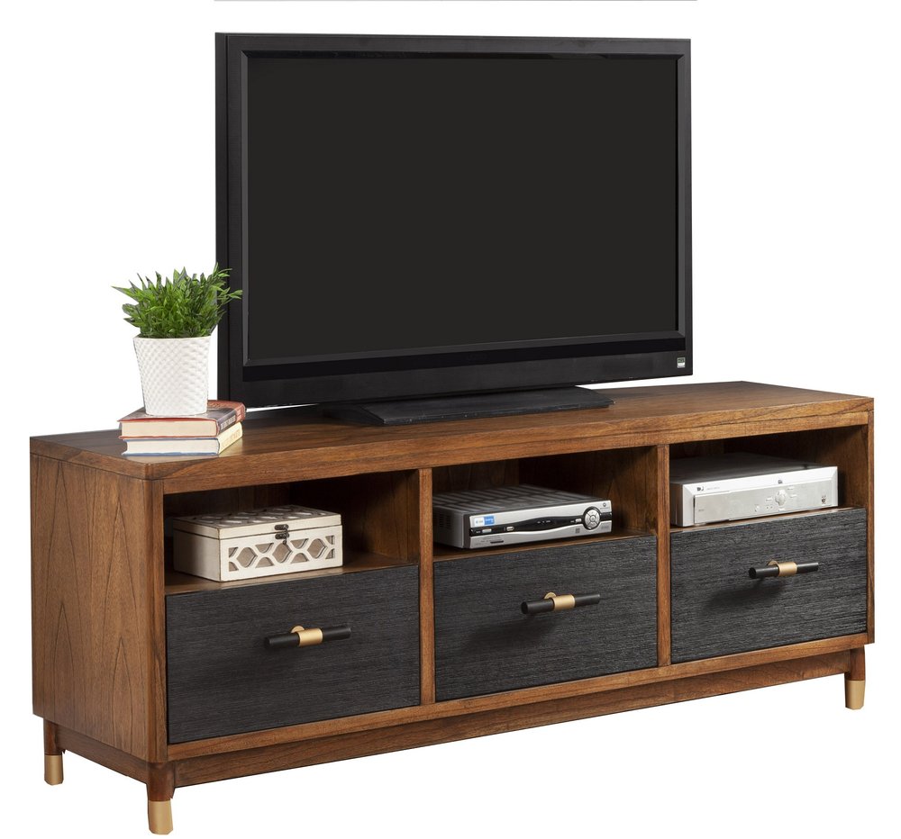 Brown and Black Solid Wood Open Shelving TV Stand - 61-inch