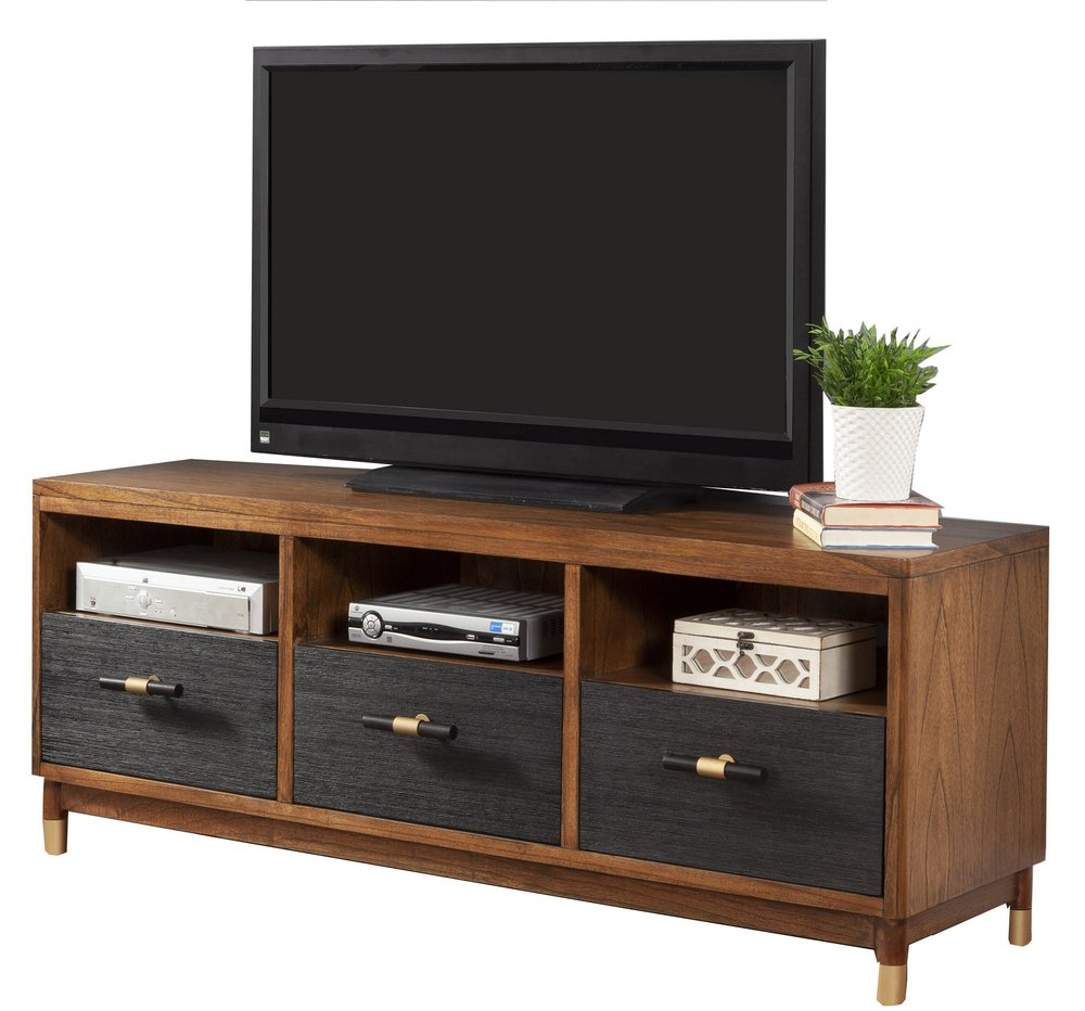 Brown and Black Solid Wood Open Shelving TV Stand - 61-inch