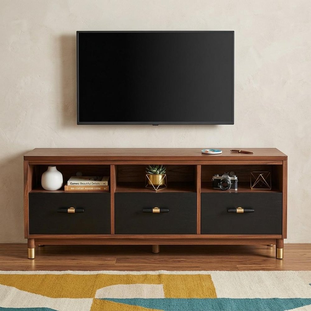Brown and Black Solid Wood Open Shelving TV Stand - 61-inch
