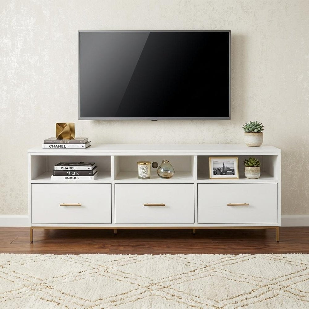 White Mahogany Solid Wood Open Shelving TV Stand - 64-inch