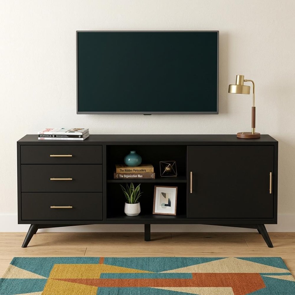 Black Mahogany Solid Wood Enclosed and Open Storage TV Stand - 64-inch