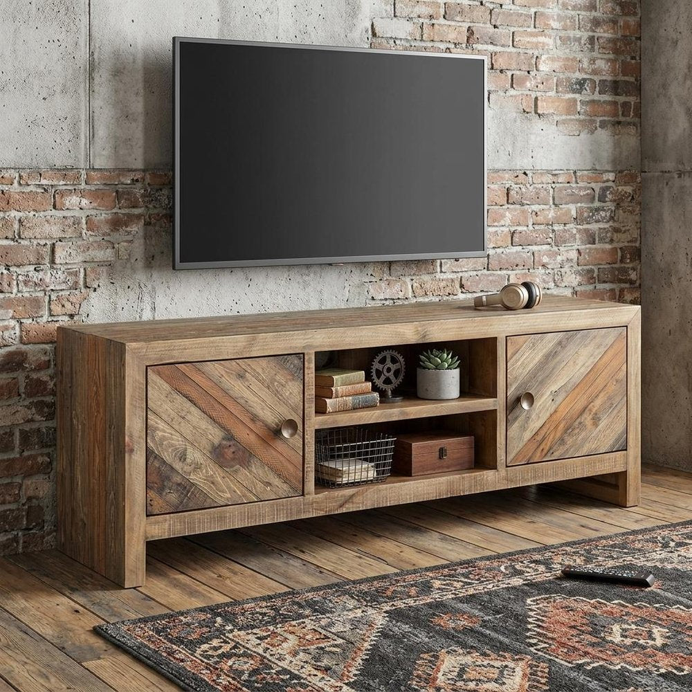 Wood Brown Reclaimed Pine and Plywood Open Shelving TV Stand - 63-inch