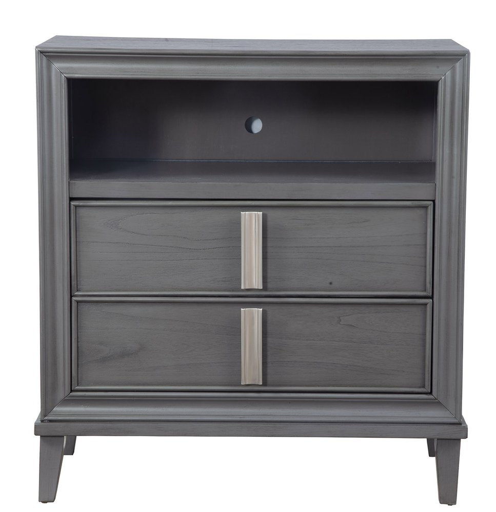 Gray Pine Poplar Solids with Mindy and Veneer Open Shelving TV Stand