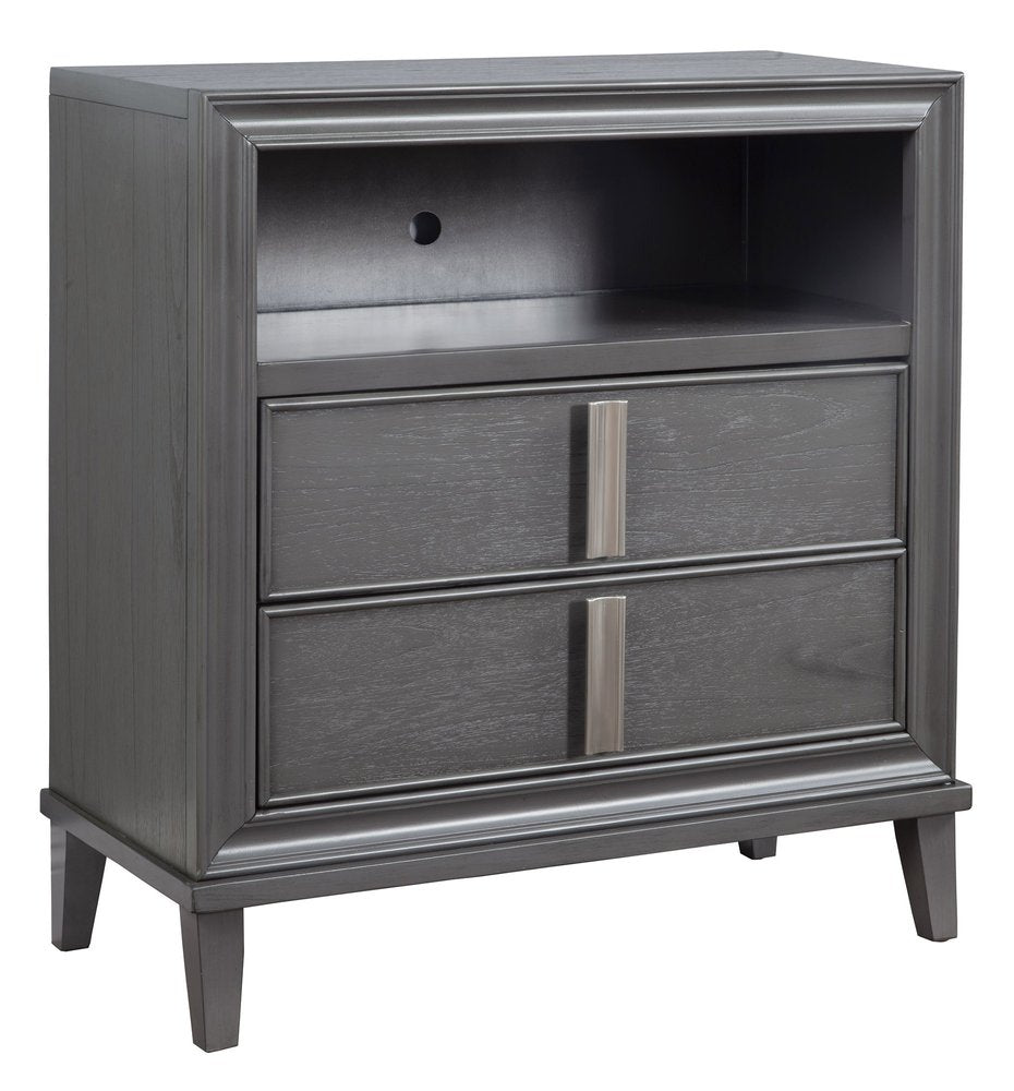 Gray Pine Poplar Solids with Mindy and Veneer Open Shelving TV Stand