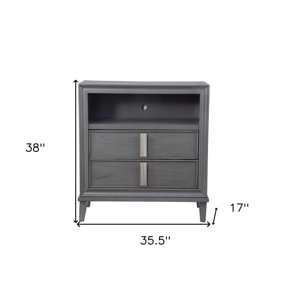 Gray Pine Poplar Solids with Mindy and Veneer Open Shelving TV Stand