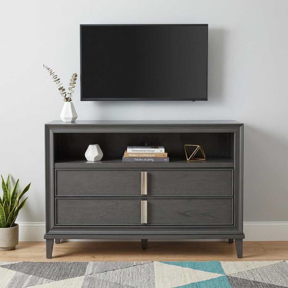 Gray Pine Poplar Solids with Mindy and Veneer Open Shelving TV Stand