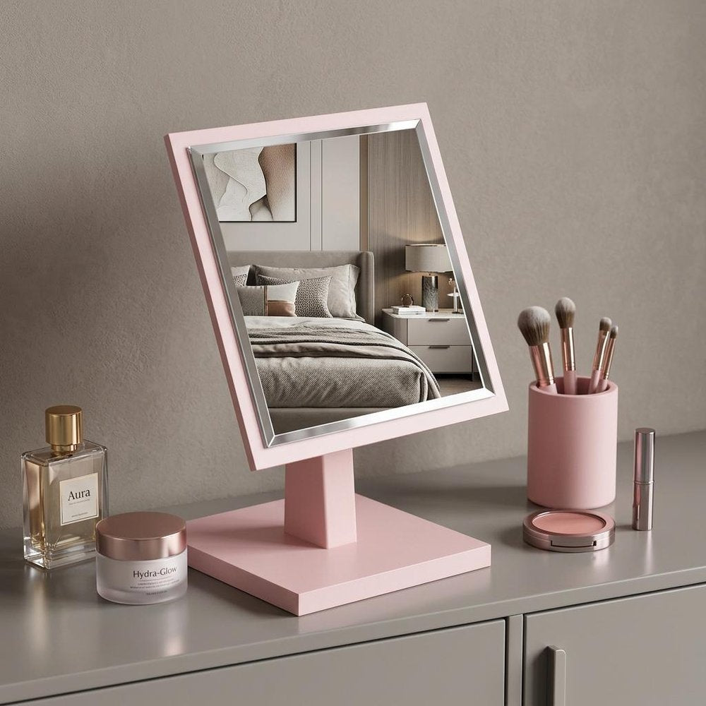 Pink Wood Square Freestanding Framed Makeup Shaving Tabletop Mirror - 9-inch