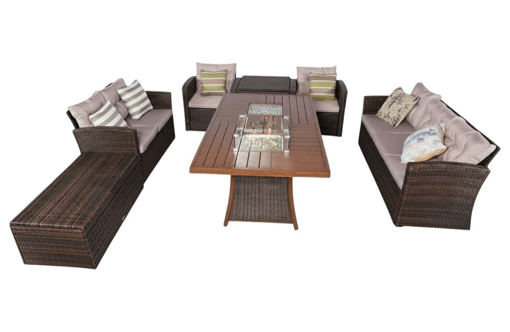 Seven Piece Brown and Gray Wicker Sectional Seating Group with Fire Pit and Table