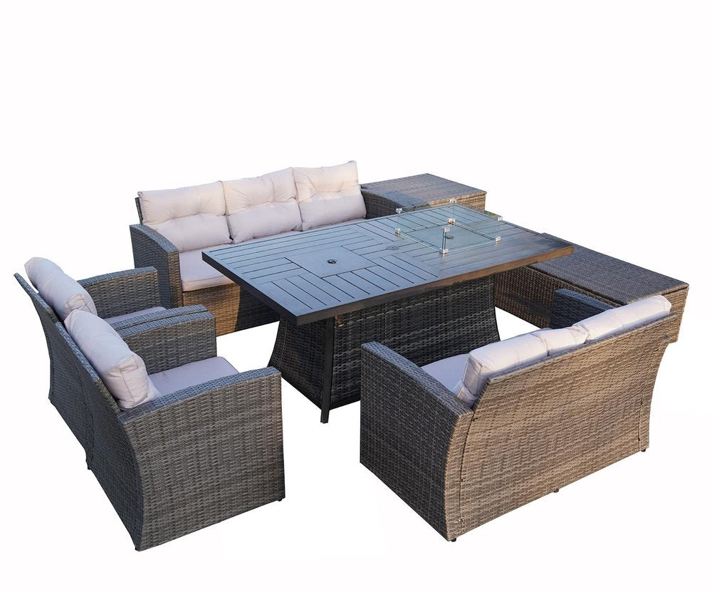 Seven Piece Gray Wicker Upholstered Cushions Sectional Seating Group with Fire Pit and Table