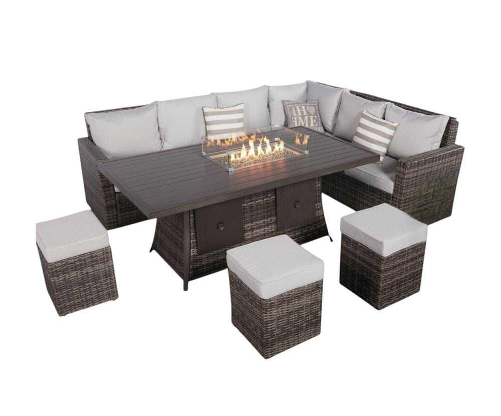 Eight Piece Gray Wicker Upholstered Cushions Sectional Seating Group with Fire Pit and Table