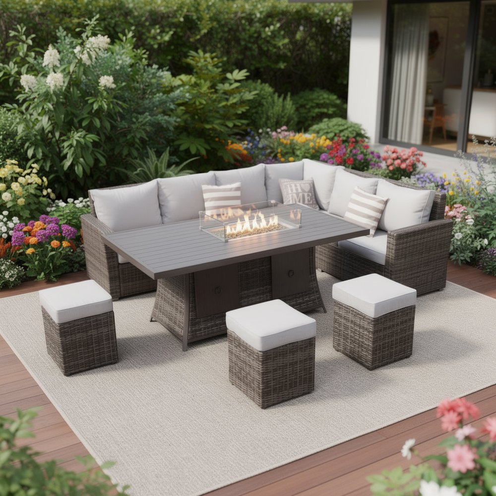 Eight Piece Gray Wicker Upholstered Cushions Sectional Seating Group with Fire Pit and Table