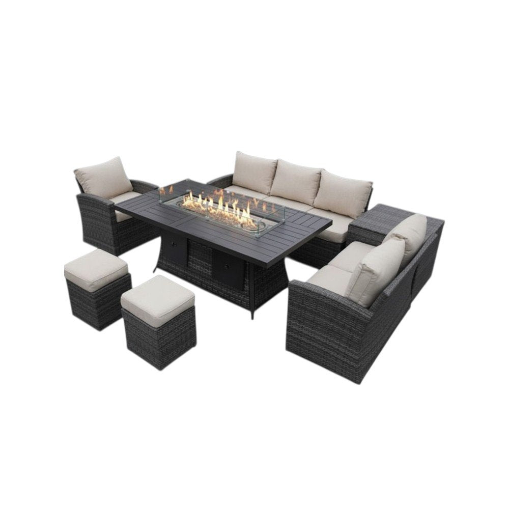 Seven Piece Brown Wicker Upholstered Cushions Sectional Seating Group with Fire Pit and Table
