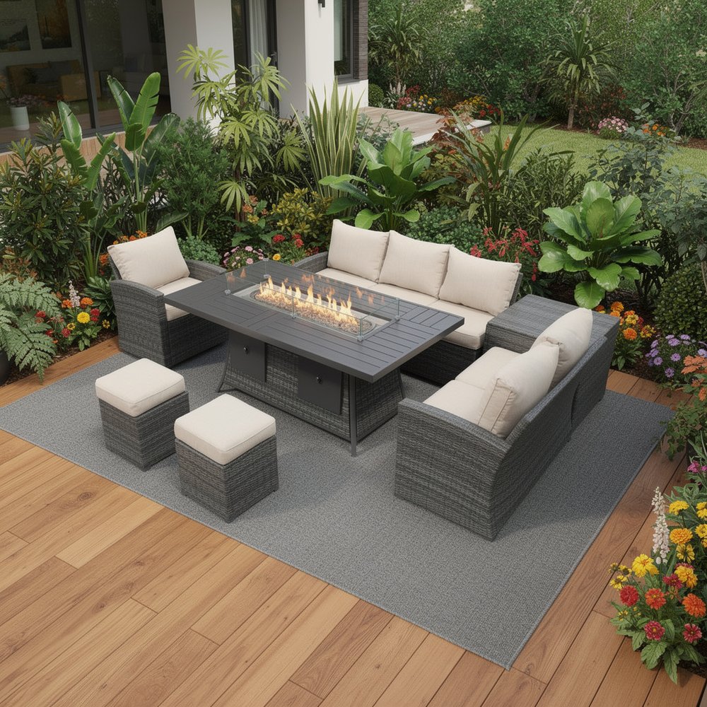 Seven Piece Brown Wicker Upholstered Cushions Sectional Seating Group with Fire Pit and Table