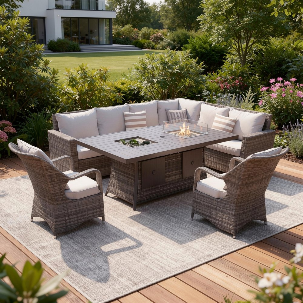 Seven Piece Gray Wicker Upholstered Cushions Sectional Seating Group with Fire Pit and Table