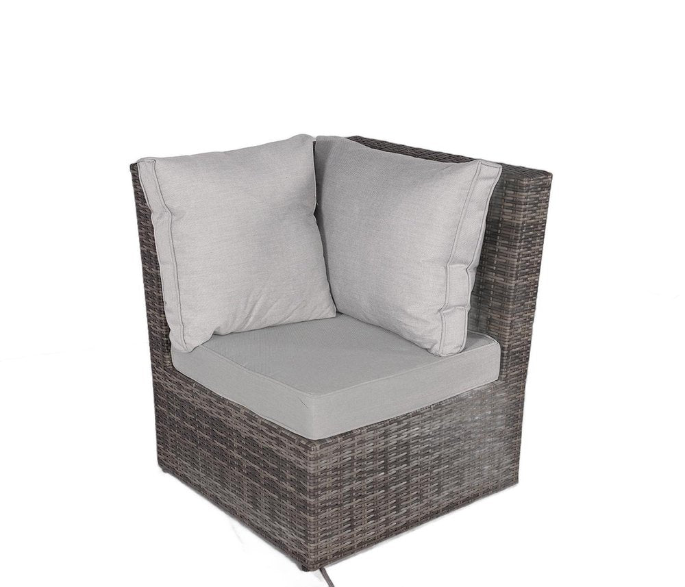 Seven Piece Gray Wicker Upholstered Cushions Sectional Seating Group with Fire Pit and Table