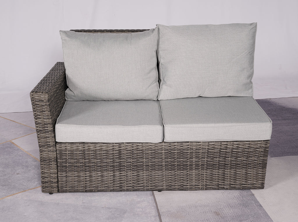 Seven Piece Gray Wicker Upholstered Cushions Sectional Seating Group with Fire Pit and Table