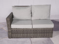 Seven Piece Gray Wicker Upholstered Cushions Sectional Seating Group with Fire Pit and Table