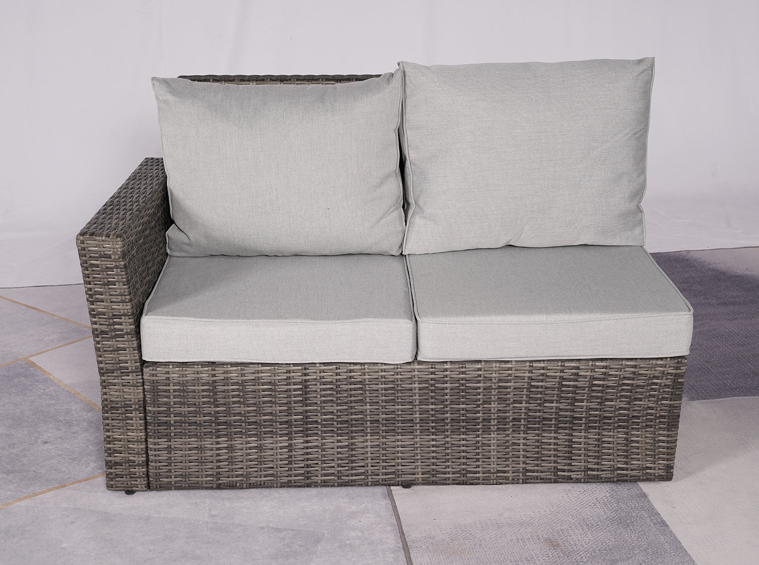 Seven Piece Gray Wicker Upholstered Cushions Sectional Seating Group with Fire Pit and Table