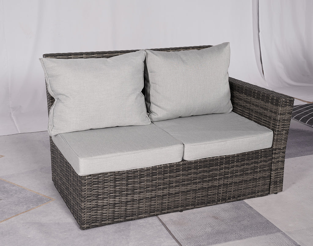 Seven Piece Gray Wicker Upholstered Cushions Sectional Seating Group with Fire Pit and Table