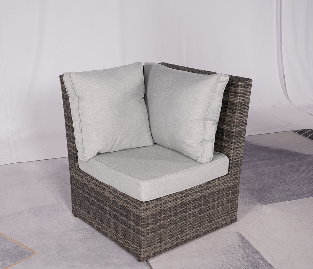 Seven Piece Gray Wicker Upholstered Cushions Sectional Seating Group with Fire Pit and Table