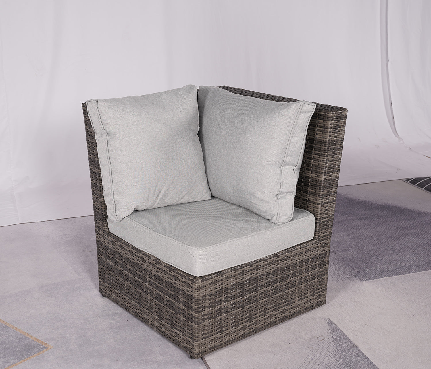 Seven Piece Gray Wicker Upholstered Cushions Sectional Seating Group with Fire Pit and Table