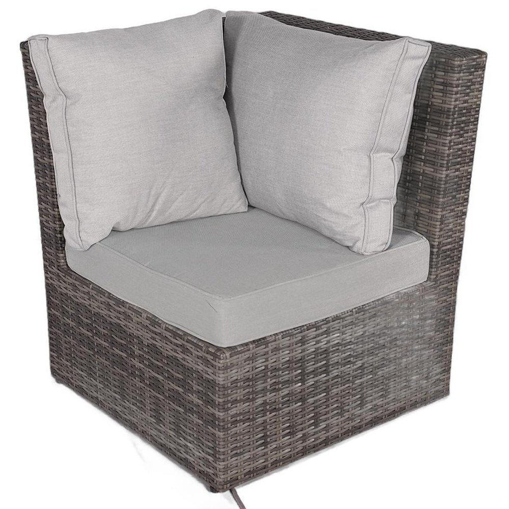 Seven Piece Gray Wicker Upholstered Cushions Sectional Seating Group with Fire Pit and Table