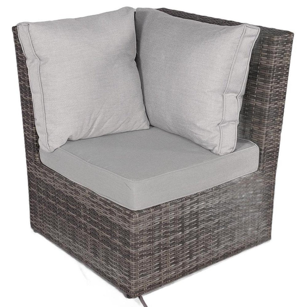 Seven Piece Gray Wicker Upholstered Cushions Sectional Seating Group with Fire Pit and Table