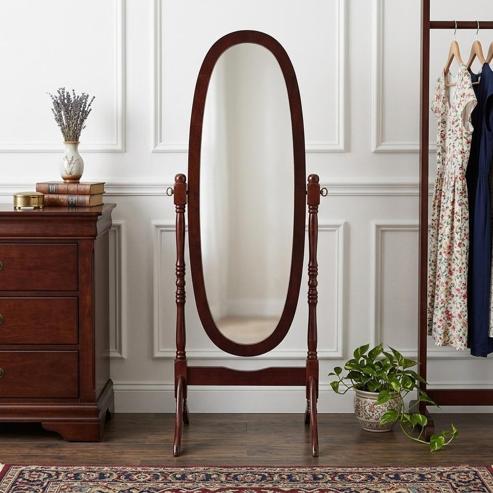 Brown Cherry Oval Framed Cheval Standing Mirror - 59-inch