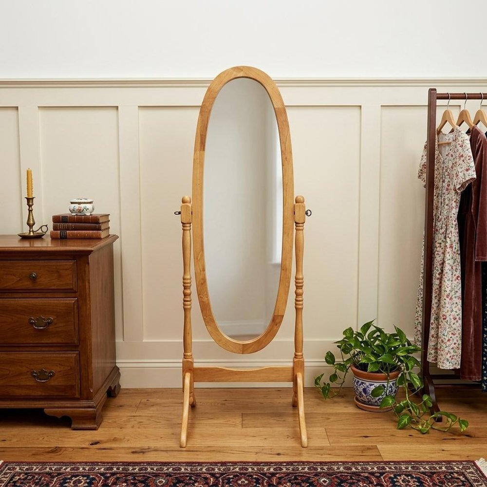 Natural Wood Oval Freestanding Tilting Framed Cheval Mirror - 59-inch