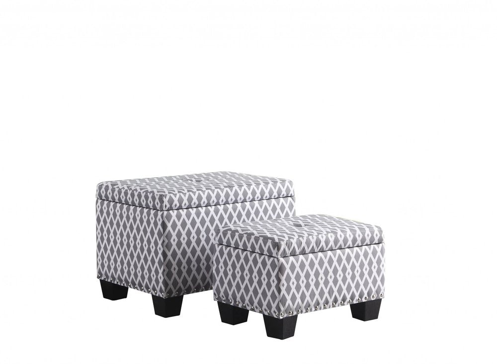 Gray White Black Gray and White Fabric Tufted Storage Ottoman