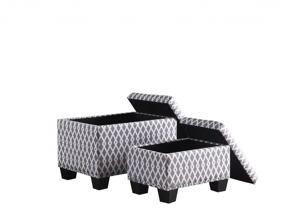 Gray White Black Gray and White Fabric Tufted Storage Ottoman