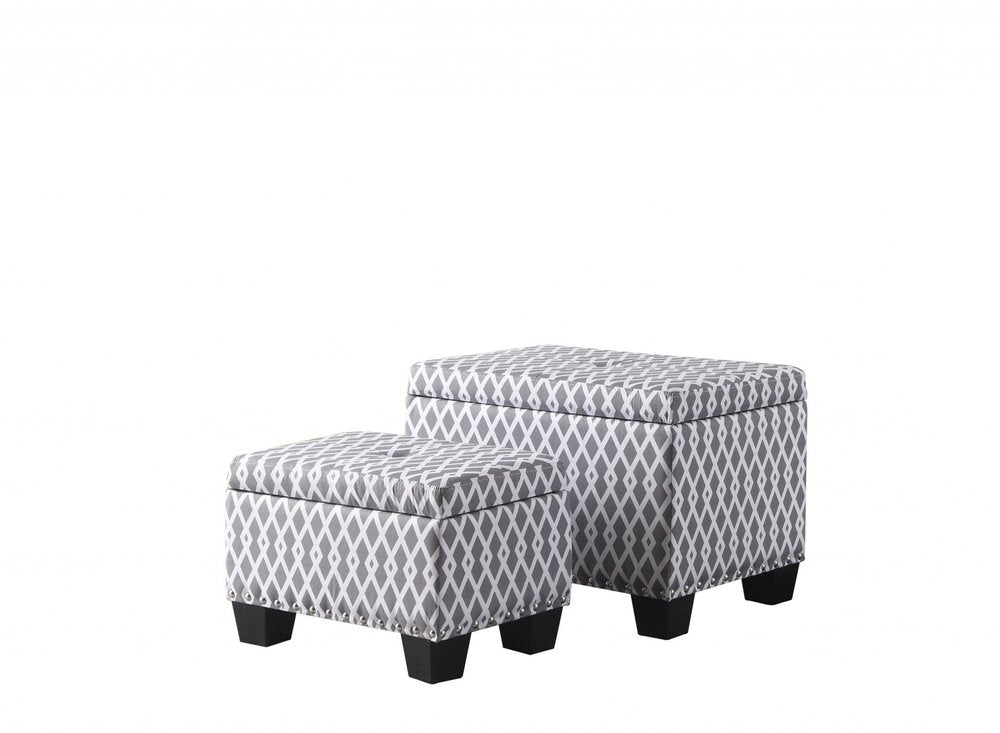 Gray White Black Gray and White Fabric Tufted Storage Ottoman