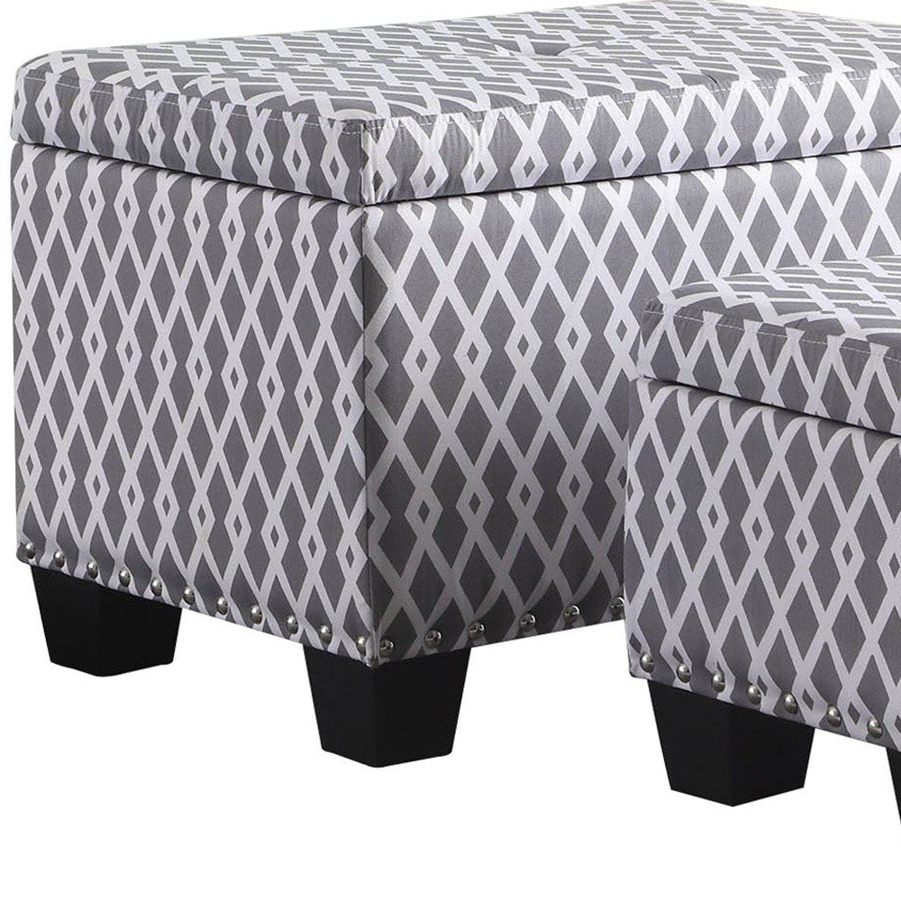 Gray White Black Gray and White Fabric Tufted Storage Ottoman