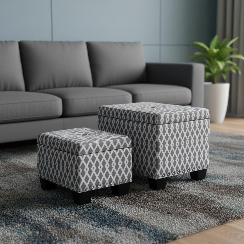 Gray White Black Gray and White Fabric Tufted Storage Ottoman