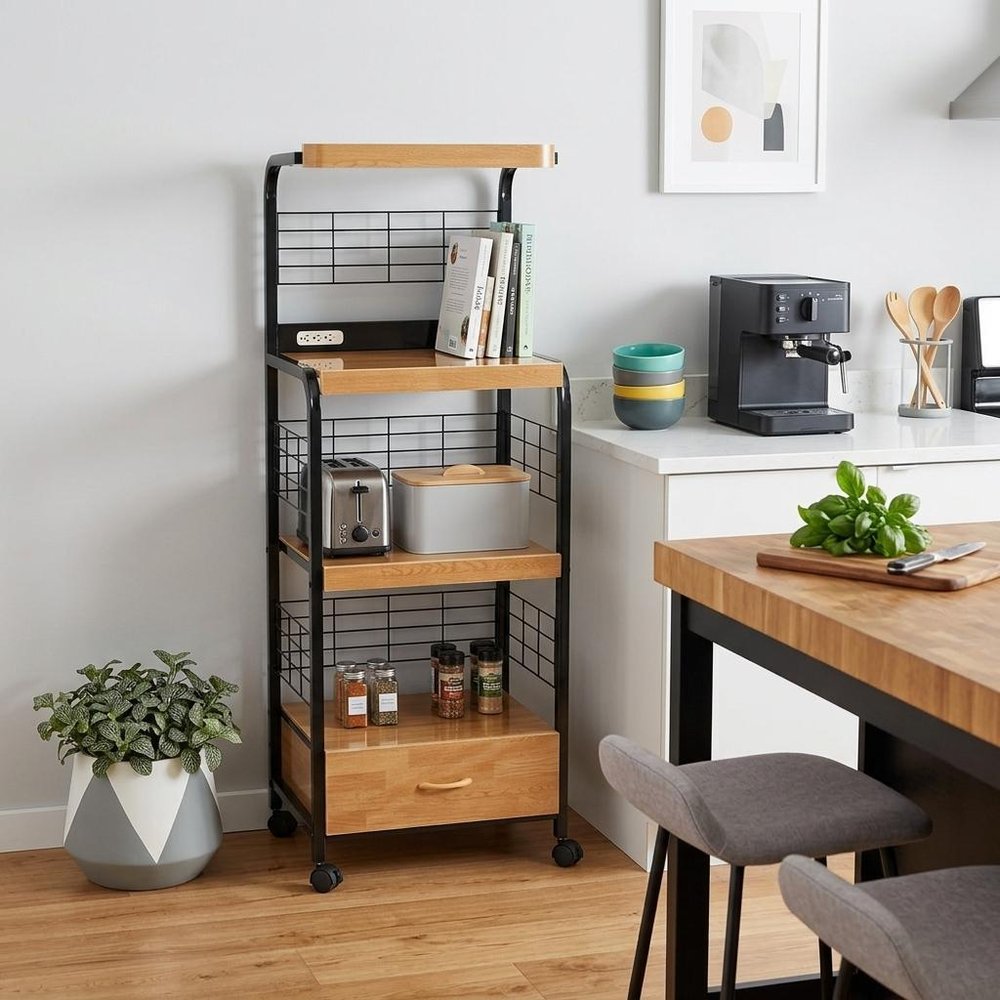 Black and Natural 26 Rolling Kitchen Cart with Storage