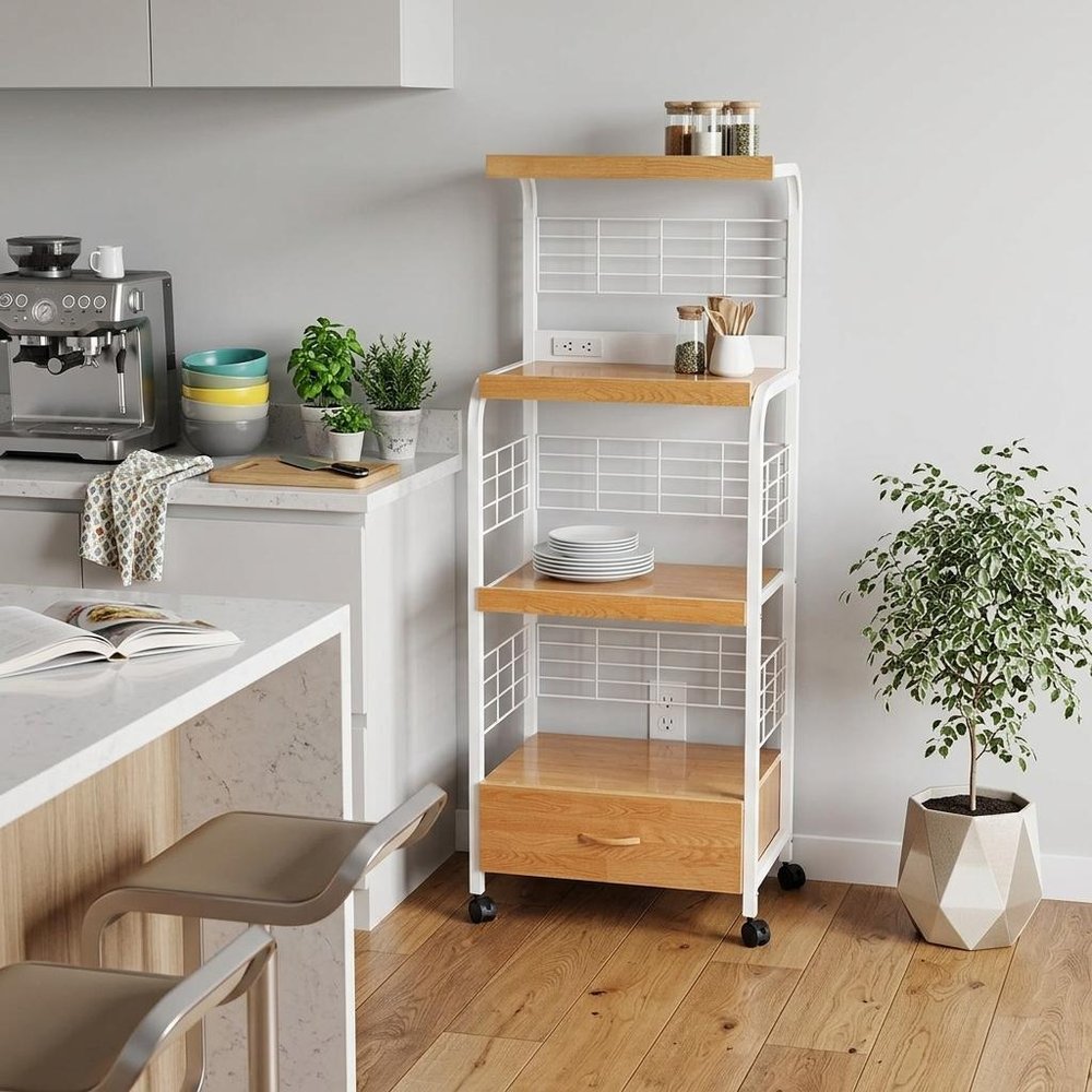 White and Natural 26 Rolling Kitchen Cart with Storage