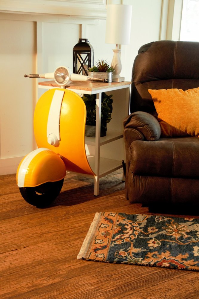 Yellow Wood and Metal Mini Scooter End or Side Table