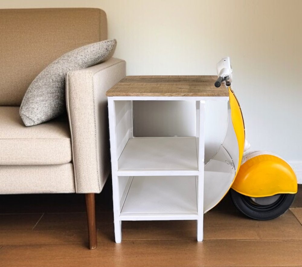 Yellow Wood and Metal Mini Scooter End or Side Table