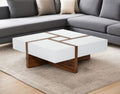 Brown and White Wood Square Solid Coffee Table with Four Drawers